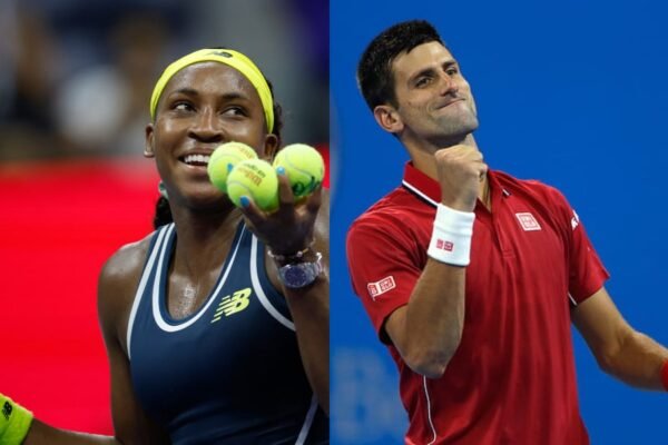 Coco Gauff and Novak Djokovic competing in the US Open 2024, showcasing their determination and skill on the tennis court.