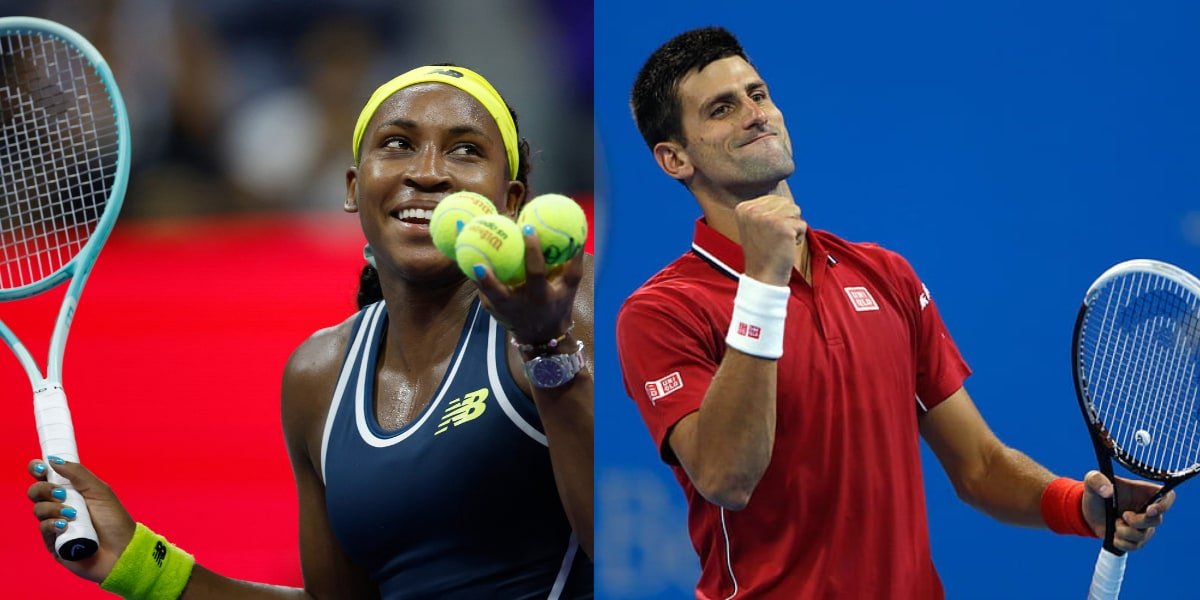 Coco Gauff and Novak Djokovic competing in the US Open 2024, showcasing their determination and skill on the tennis court.