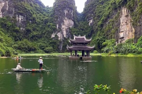 Scenic view of Ninh Binh’s limestone karsts and rivers, capturing the natural beauty and tranquility of the region.